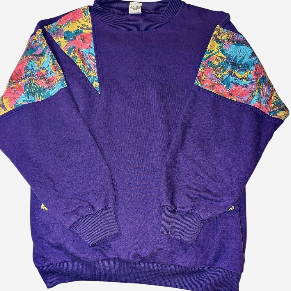Vintage 90s Abstract Print Panel Sweatshirt Purple Crewneck Pockets Y2K Euro